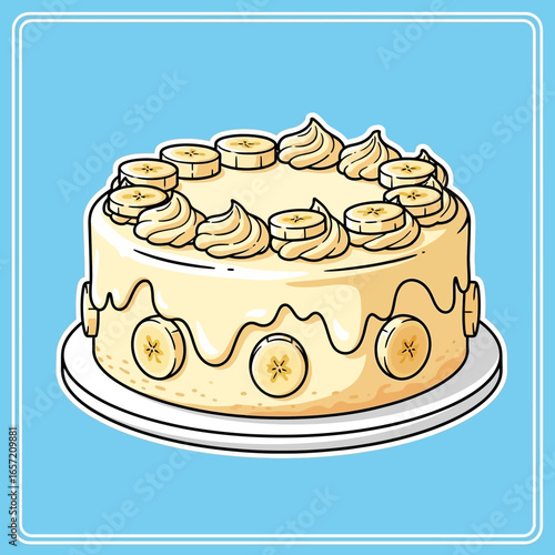 A delicious banana cake with creamy frosting and fresh banana slices on a white plate against a light blue background.