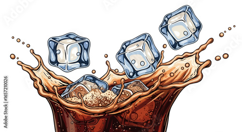 Hand-drawn illustration of blue ice cubes dramatically splashing into a dark, fizzy beverage.