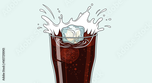 An illustration of a glass of cola with an ice cube causing a splash.