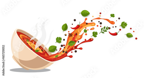A bowl of steaming soup with splashes of ingredients.