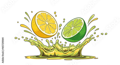 A vibrant illustration of a cut lemon and lime splashing into a pool of citrus juice.