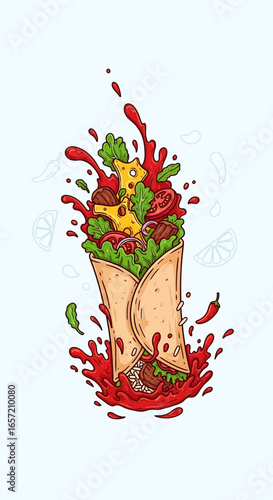 Colorful illustration of a delicious wrap with splashes of sauce.