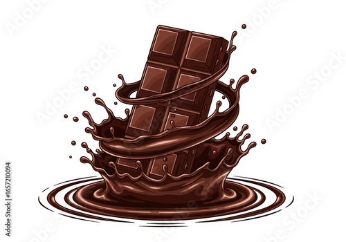 A rich dark chocolate bar creates a dynamic splash as it emerges from a pool of melted liquid chocolate.