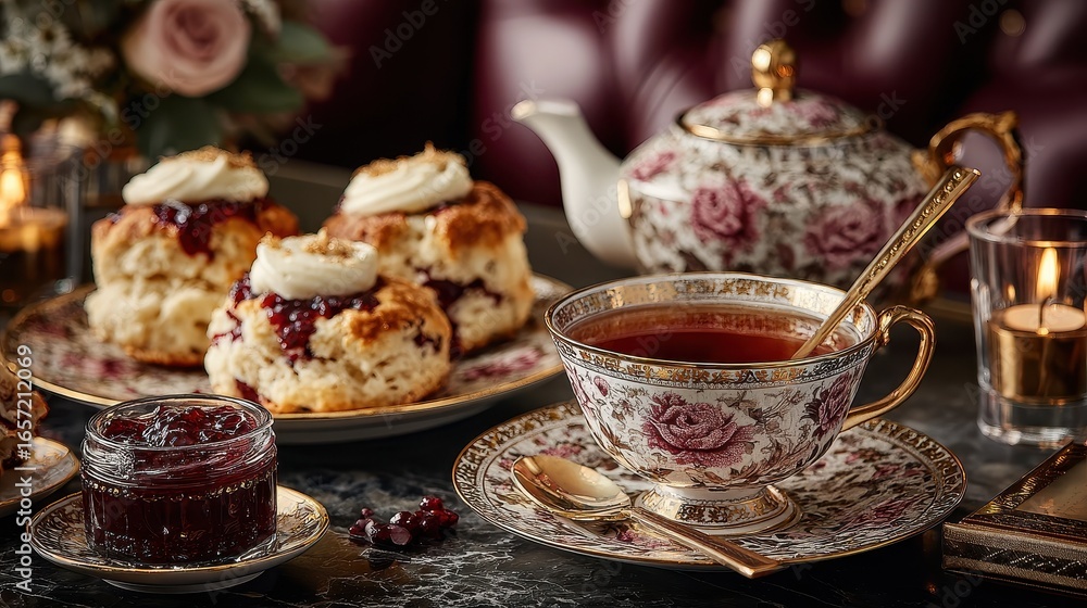 Naklejka premium Exquisite afternoon tea set featuring floral cups, tea, scones with jam, and golden accents on a table