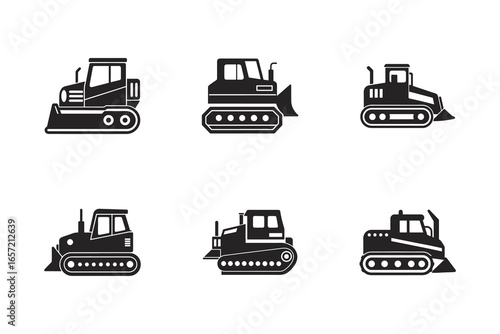 Collection of Black and White Bulldozer Vector Icons for Construction and Engineering Projects Providing Variety and Versatility in Design
