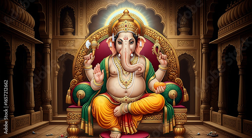 The Hindu deity Lord Ganesha sits majestically on an ornate throne inside a traditional Indian temple.