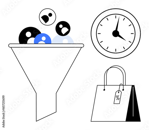 Marketing funnel filtering customer avatars, clock representing time management, shopping bag with discount tag. Ideal for e-commerce, marketing, sales, strategy, conversion, retail planning simple