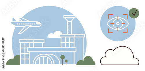 Airplane in flight above airport terminal, radar tower, eye scanning for verification, and cloud icon. Ideal for travel, aviation, security, technology, cloud storage biometrics simple flat
