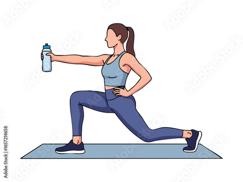 A fit woman in athletic wear performs a lunge on a mat holding a water bottle as a weight.