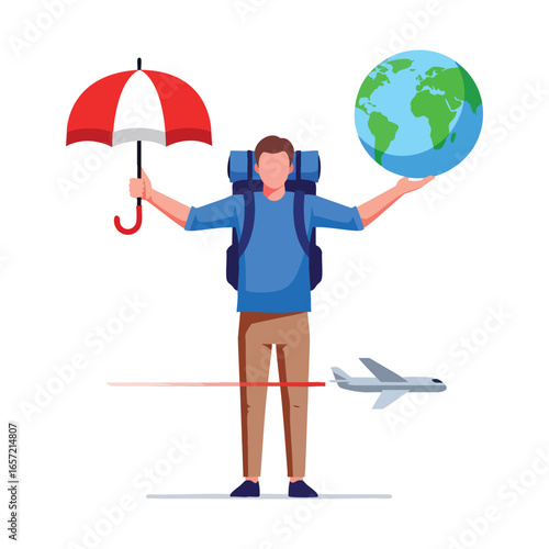 A male traveler with a large backpack stands holding a red umbrella and a globe ready for world travel.