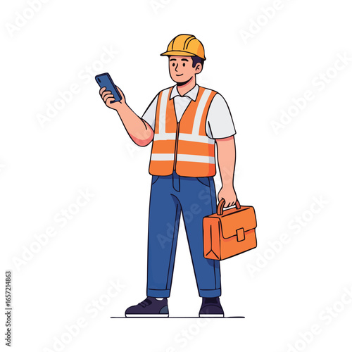 Cartoon construction worker in a yellow hard hat and orange safety vest holding a smartphone and toolbox.
