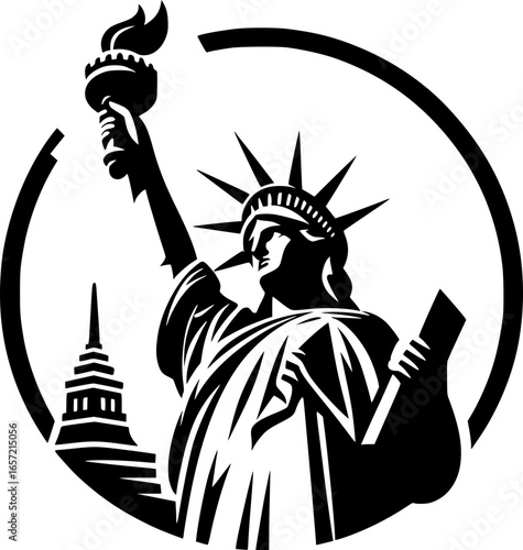 Minimalist black and white vector icon of the Liberty Statue. Clean, isolated, scalable, ideal for stickers, logos, or digital use.