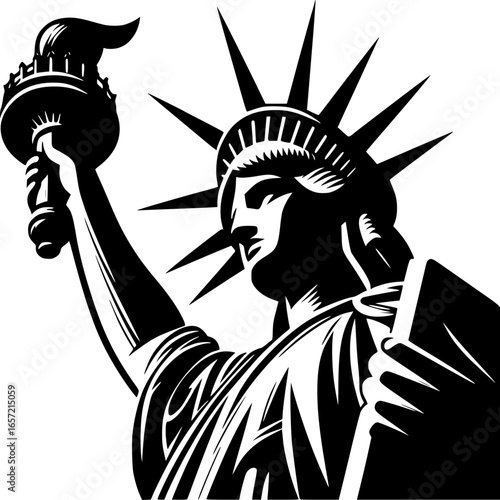 Minimalist black and white vector icon of the Liberty Statue. Clean, isolated, scalable, ideal for stickers, logos, or digital use.