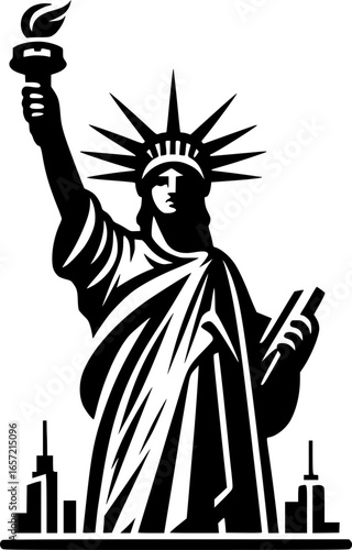 Minimalist black and white vector icon of the Liberty Statue. Clean, isolated, scalable, ideal for stickers, logos, or digital use.