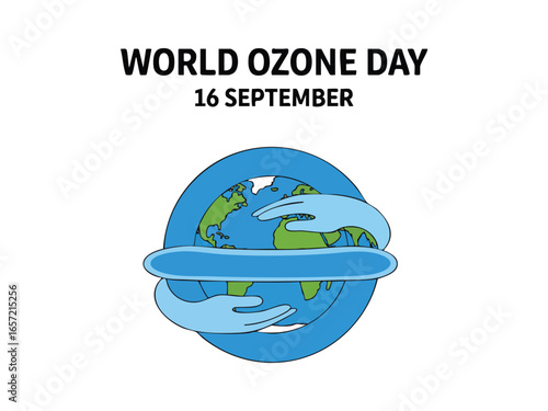 A stylized illustration of planet Earth being gently embraced by protective hands encircled by a symbolic blue ozone layer ring.
