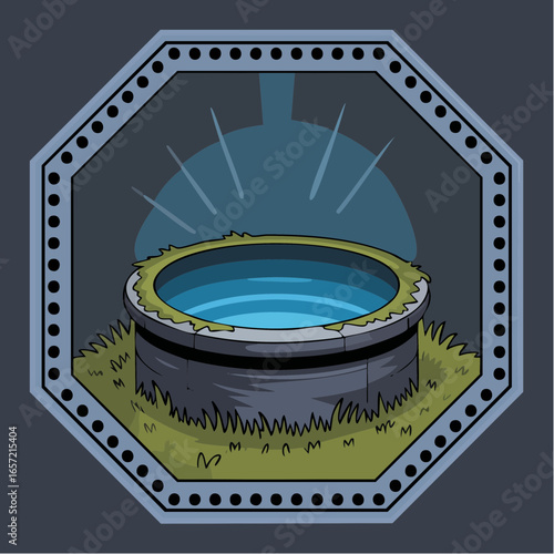 endless well of yearning glowing electric blue from dark depths framed by scalloped perforated sapphire octagon for heartfelt greeting cards