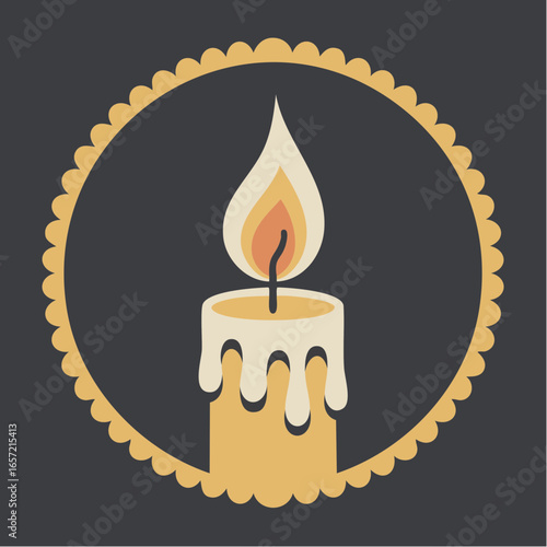 fragile candle flame of faith flickering in darkness framed by scalloped perforated gold circle for contemplative greeting cards
