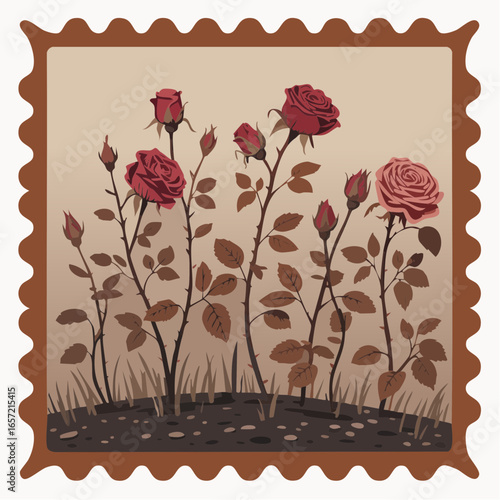 mournful garden of drooping rose bushes in autumn decay framed by scalloped perforated burnt umber rectangle for reflective greeting cards