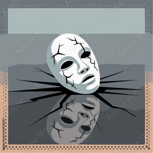  porcelain mask cracked to reveal hidden fractures framed by scalloped perforated pewter square for introspective greeting cards