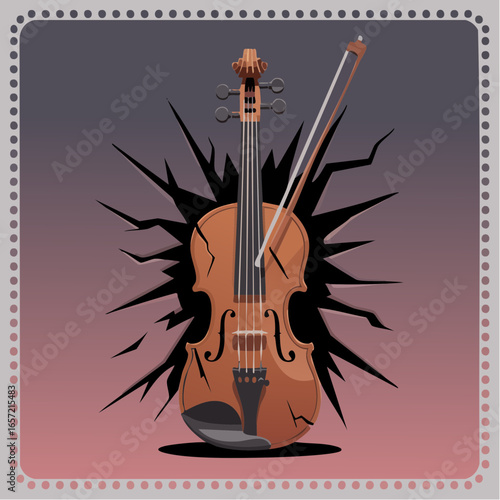 Sorrowful shattered violin of heartbreak with splintered wood and broken strings framed by scalloped perforated silver square for poignant greeting cards