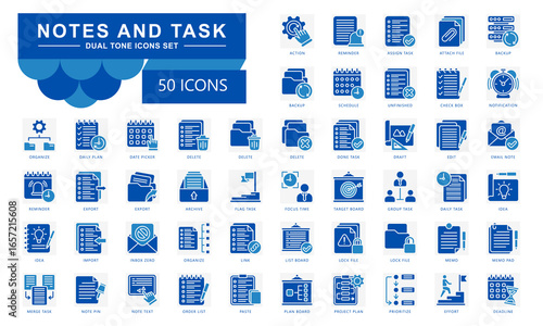 Notes and task dual tone icons set. contain schedule, reminder, delete, project plan, idea, notification, memo and more. Vector for modern concept, print, UI, UX kit, web and app development.