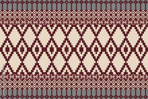 Shades of Brown Traditional Embroidery Art Abstract with Pixel Art Designs for Textile Print