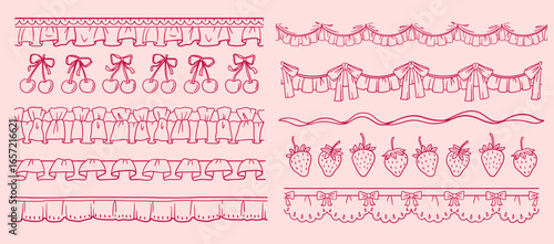 Vintage coquette lace dividers set. Hand drawn pink elegant ribbon, bow, strawberry, cherry, cloth ruffle, frill seamless borders. Cute ornament girly vector decor
