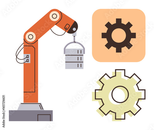Robotic arm lifting a cylindrical object alongside two gear icons representing automation, engineering, and mechanical processes. Ideal for technology, industry, manufacturing, robotics, innovation