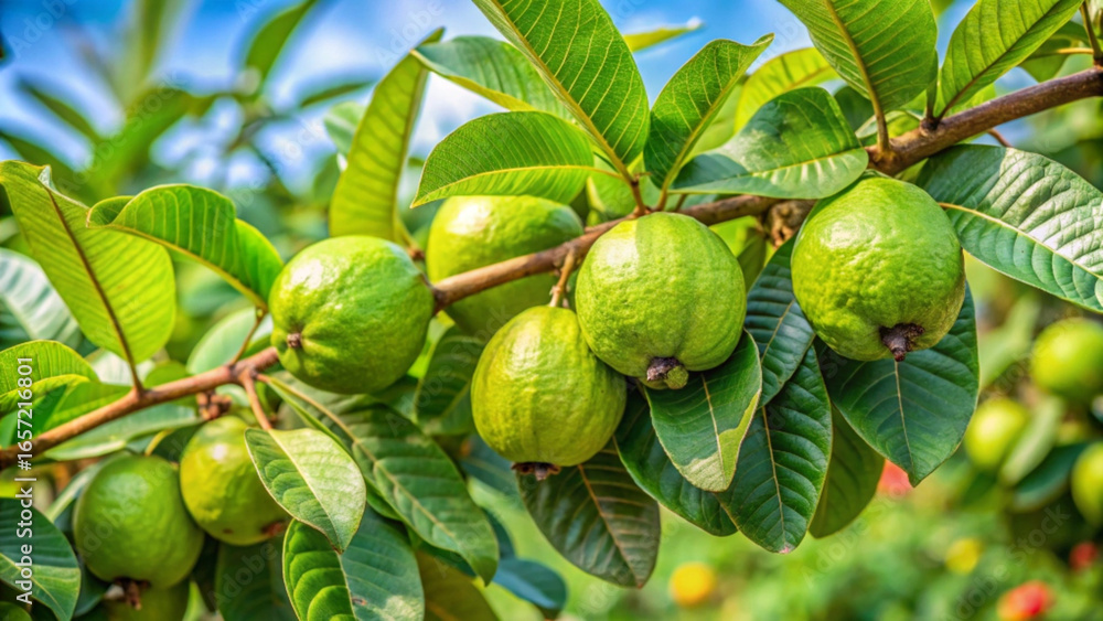 Fototapeta premium Guava fruits growing on a tree branch with green leaves and blue sky
