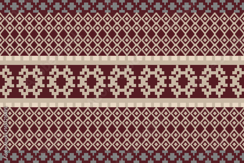 Shades of Brown Traditional Embroidery Art Abstract with Pixel Art Designs for Textile Print