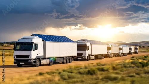 Wallpaper Mural Solar-Powered Trucks Convoy Across Open Landscape at Sunset Torontodigital.ca