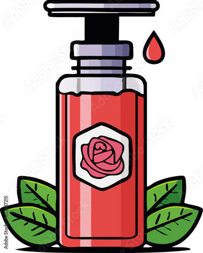 A graceful animation of pink rose petals gently falling and settling inside a clear bottle 