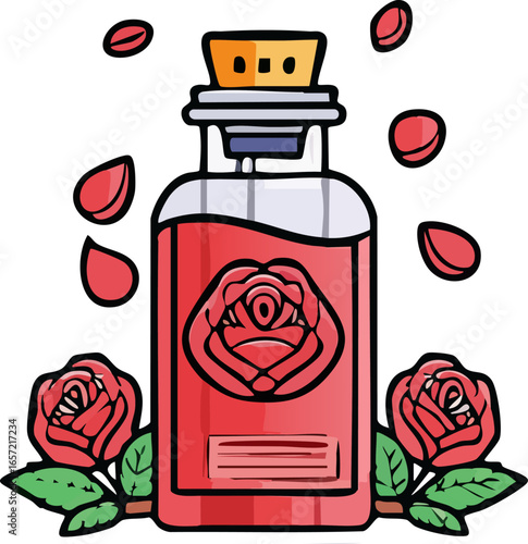 A graceful animation of pink rose petals gently falling and settling inside a clear bottle 