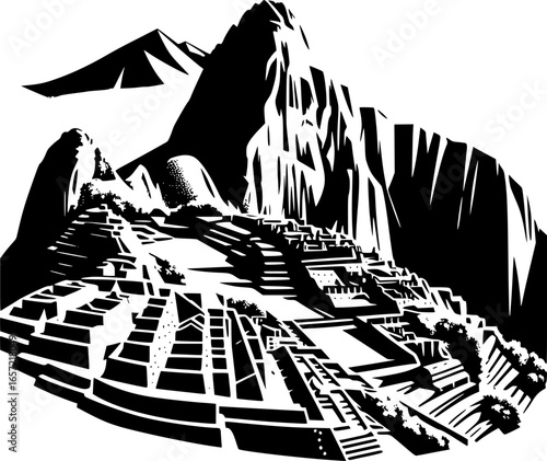 Minimalist black and white vector icon of Machu Picchu. Clean, isolated, scalable, ideal for stickers, logos, or digital use, recognizable at small sizes.