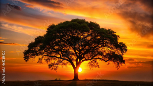 A large tree stands alone at sunset with vibrant colors in the sky