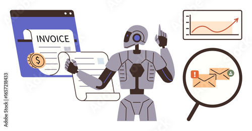 Robot managing invoice processing, reviewing scanned emails, and analyzing growth charts. Ideal for automation, AI integration, data analysis, financial technology, workflow optimization, machine