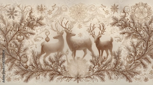 Sepia Pencil Reindeer with Evergreen Frame