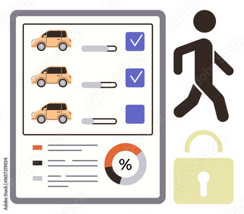 Cars listed on checklist with toggles, checkmarks, pie chart, walking person icon, and padlock. Ideal for security, insurance, car safety, privacy data assessment compliance and analytics themes
