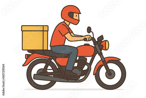 A cartoon delivery man with a helmet riding an orange motorcycle with a yellow box on the back seat on transparent background