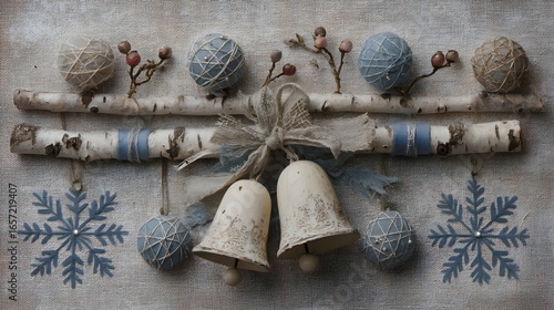 Rustic silver bells and embroidered snowflakes on birch twigs