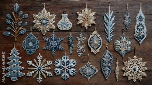 Rustic embroidered wooden holiday ornaments in muted blues and tans