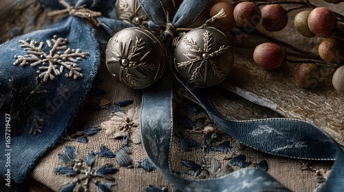 Rustic folk-art silver bells with embroidered snowflakes