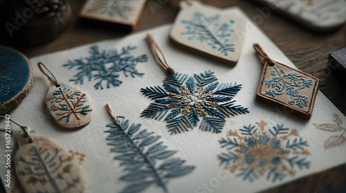 Rustic folk-art wooden ornaments with embroidered snowflakes