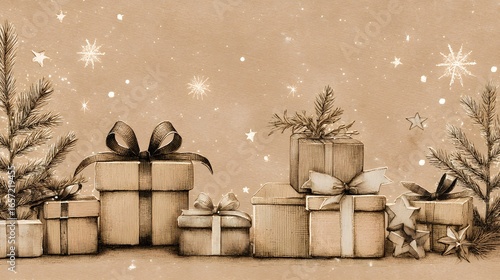 Sepia Sketches of Wrapped Gifts with Fir Sprigs