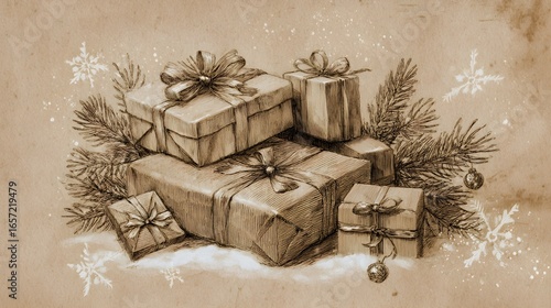 Sepia sketch of wrapped gifts with fir sprigs
