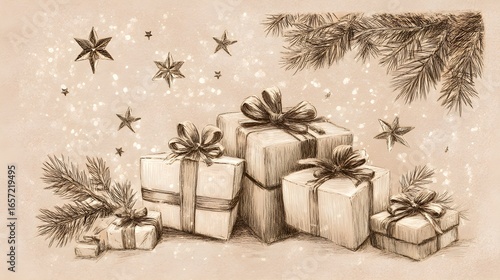 Sepia Sketches of Wrapped Gifts with Fir and Stars