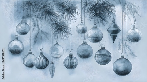Monochrome Blue Pencil Sketch of Hanging Glass Ornaments