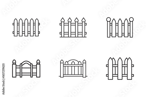 Collection of fence line icons vector illustration symbolizing property boundaries security and home design concepts on a white background
