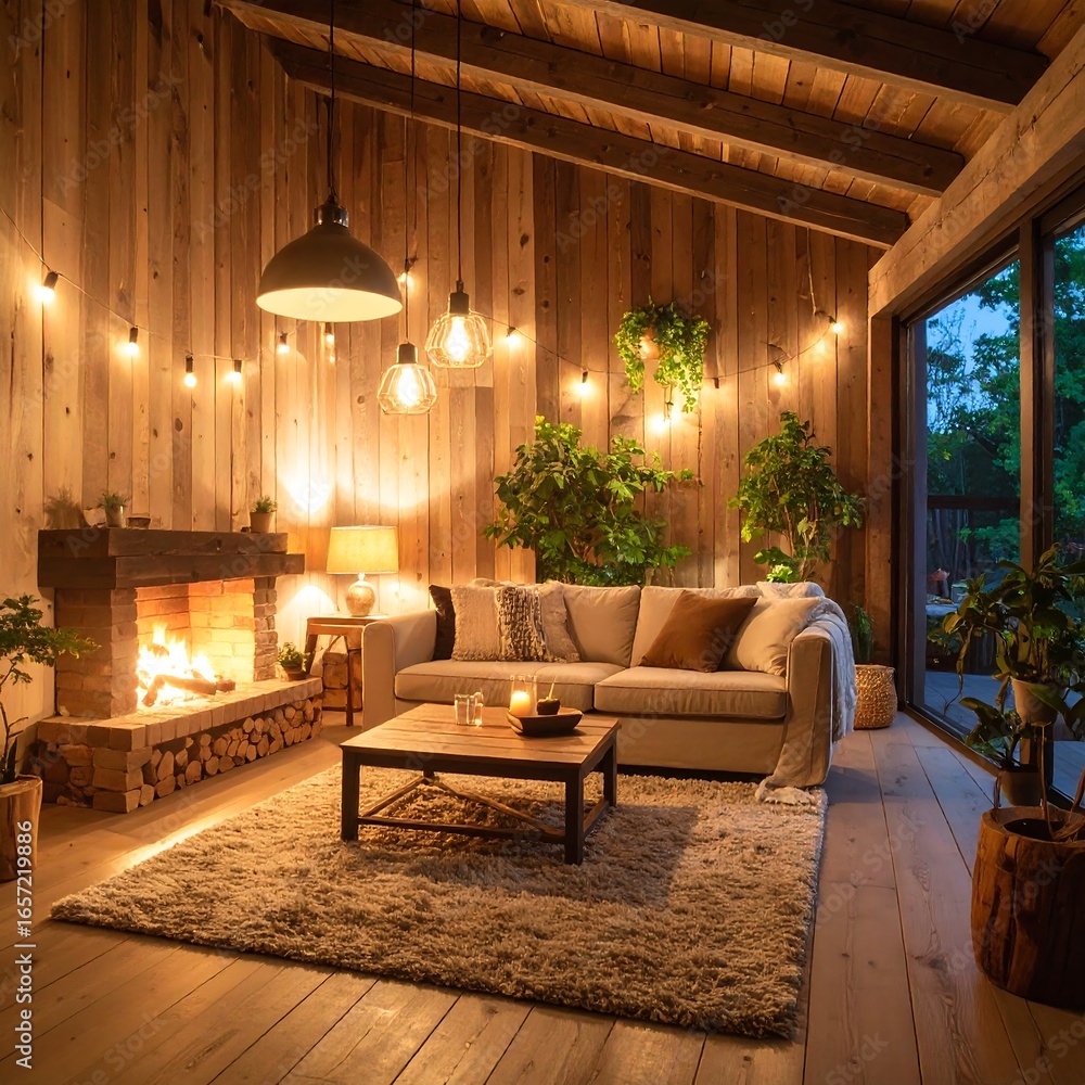 Fototapeta premium Cozy living room with fireplace and patio view