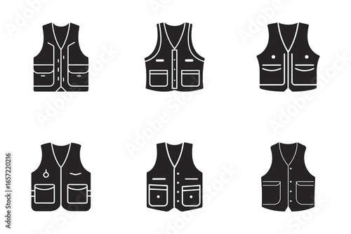 Collection of Fishing Vest Icon Illustrations for Outdoor Activities and Sporting Goods Designs perfect for retail and advertising needs